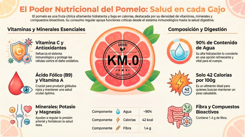 infografia de km0 sobre la composicion nutricional y los principales nutrientes del pomelo | propiedades del pomelo