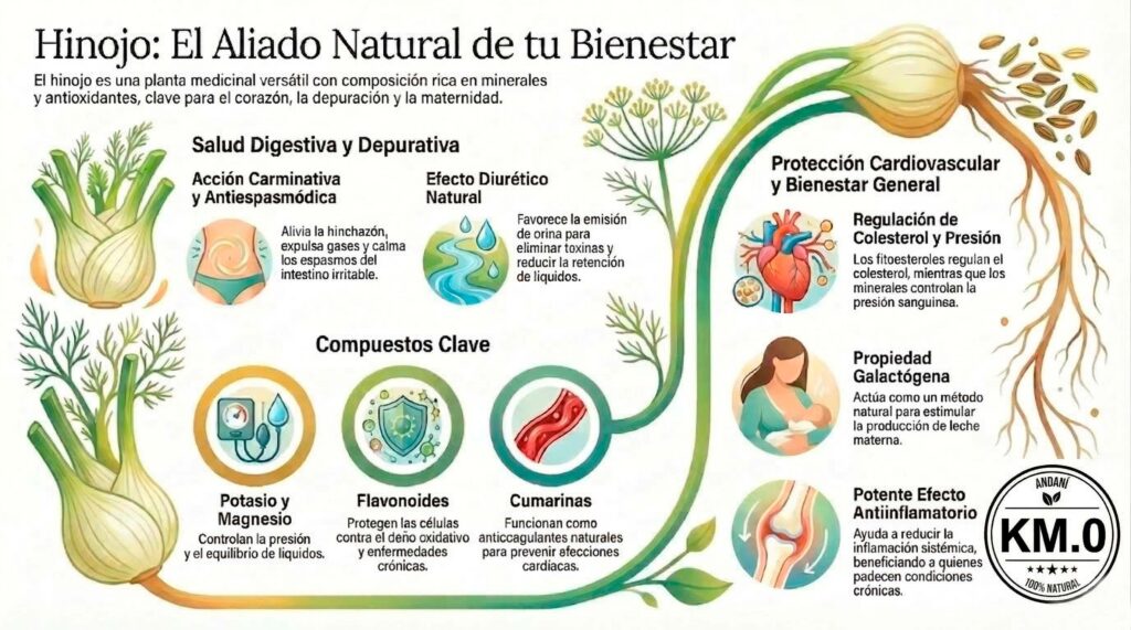 Infografia de km0 andani sobre las propiedades saludables del hinojo | hinojo propiedades